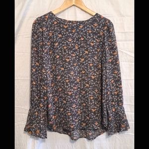 Loft Small Black With Floral Ruffle Cuff Blouse